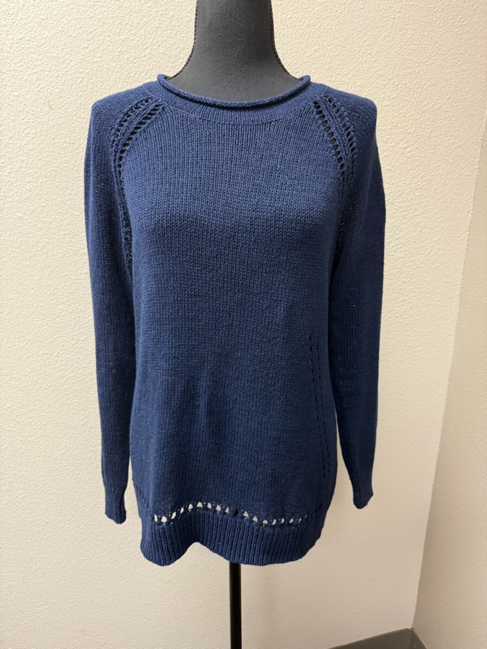 J.Crew Navy Knit Sweater Medium Cotton Blend Crewneck Lightweight Classic - Picture 2 of 10